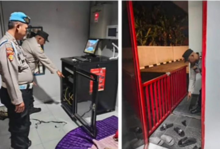 Petugas kepolisian melakukan pengecekan di lokasi perampokan brankas di sebuah SPBU di wilayah Babelan, Kabupaten Bekasi, Jawa Barat. Para pelaku dilaporkan membawa kabur uang yang tersimpan di dalam brankas SPBU tersebut.