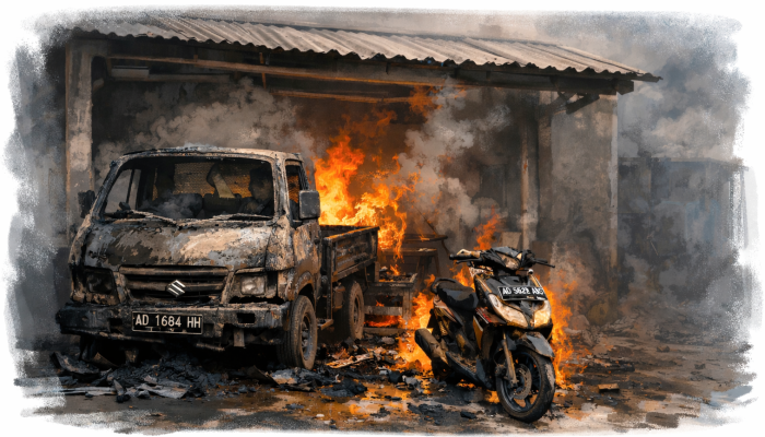 Garasi Rumah di Delanggu Klaten Terbakar Saat Subuh, Mobil Pikap Hangus dan Motor Rusak