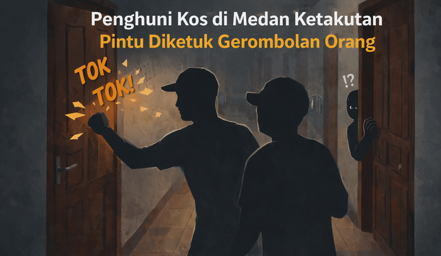 Ilustrasi sekelompok orang mengetuk pintu kamar kos yang membuat penghuni merasa ketakutan di Kota Medan.