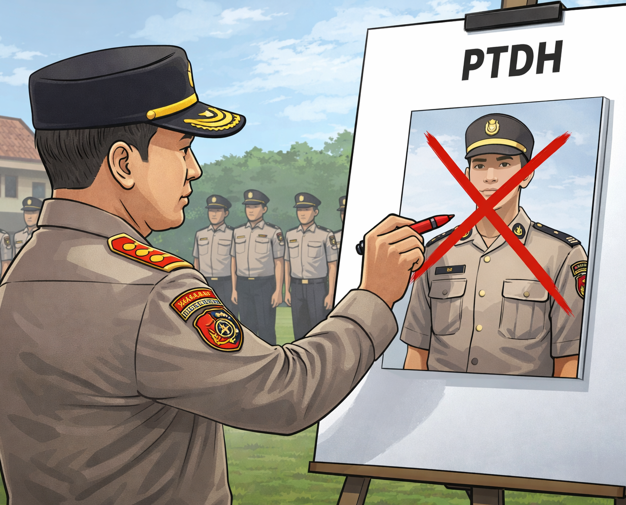 Ilustrasi prosesi pemberhentian tidak hormat anggota kepolisian dalam upacara resmi di lingkungan Polres Salatiga.