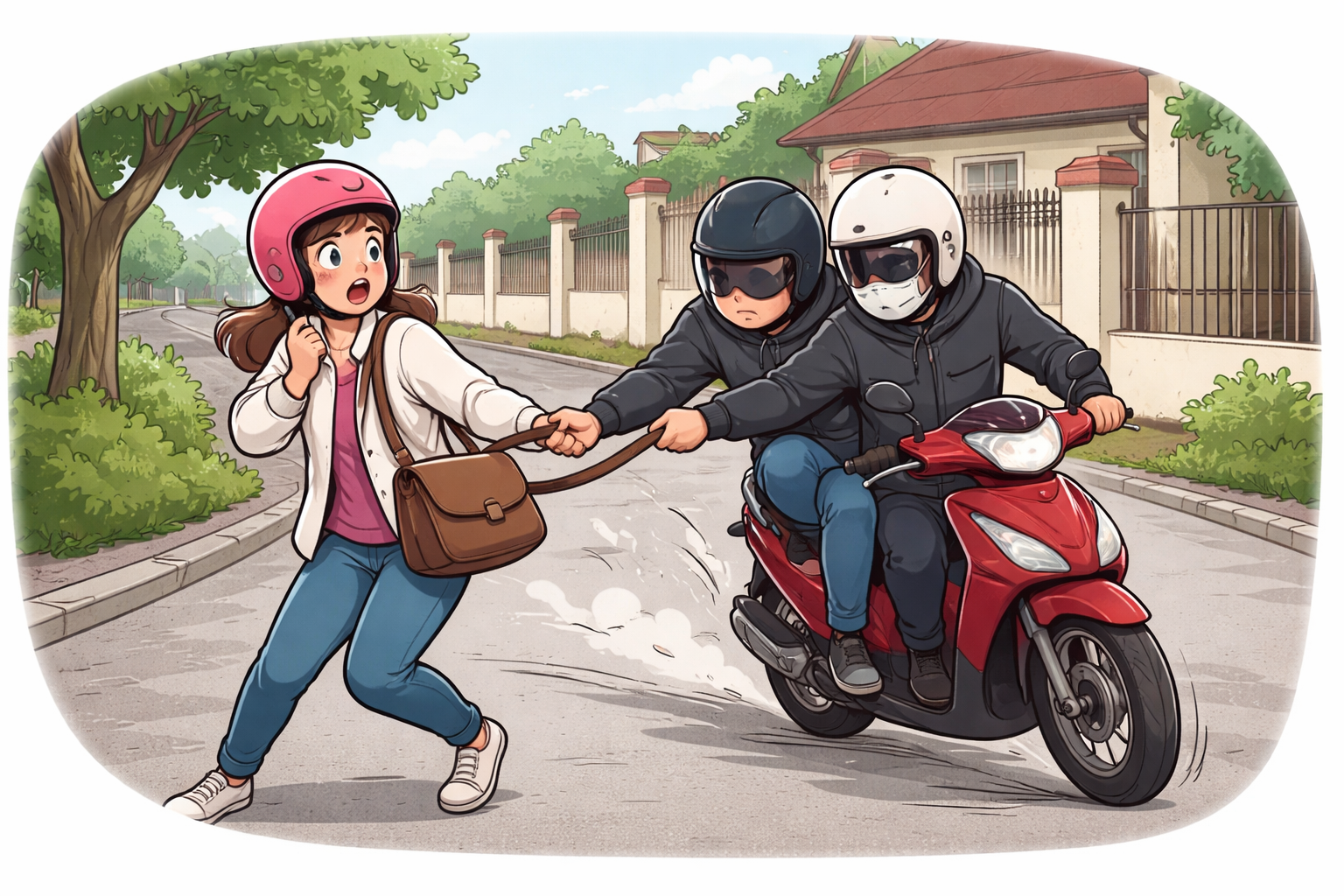 Ilustrasi aksi penjambretan yang menargetkan pengendara motor di jalan sepi.